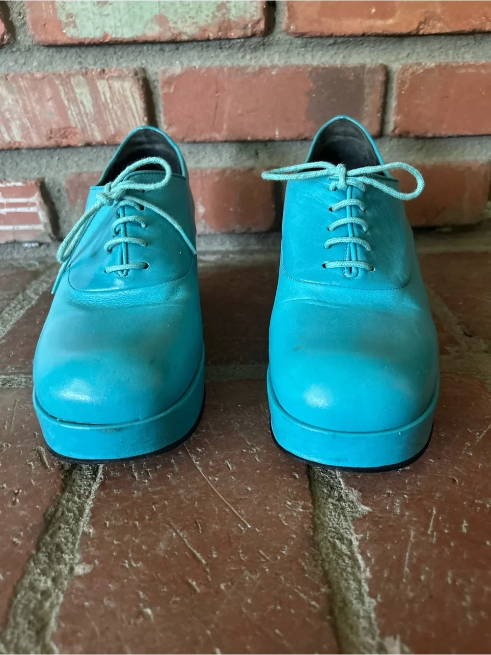 Jill Sander Leather Lace Up Platform Shoes in Turquoise Sz 7
